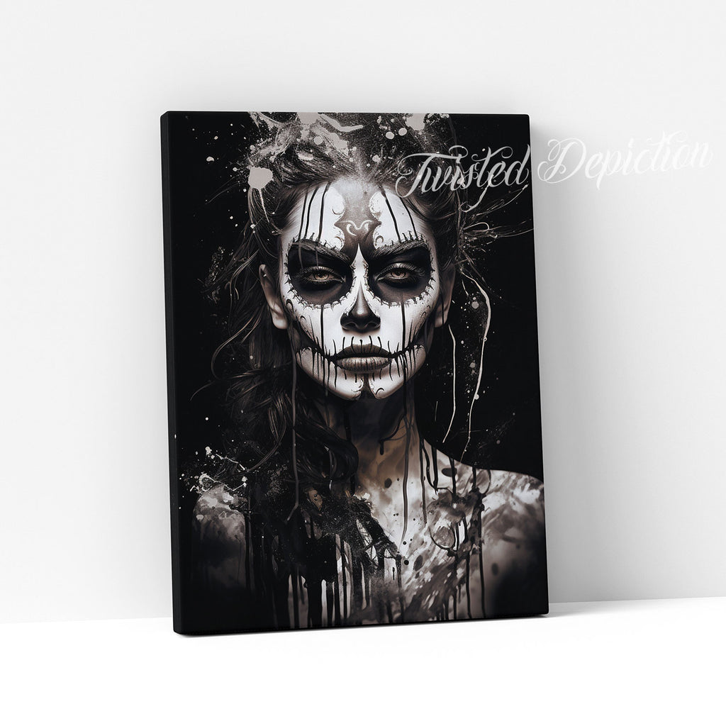 black on black day of the dead woman canvas painting