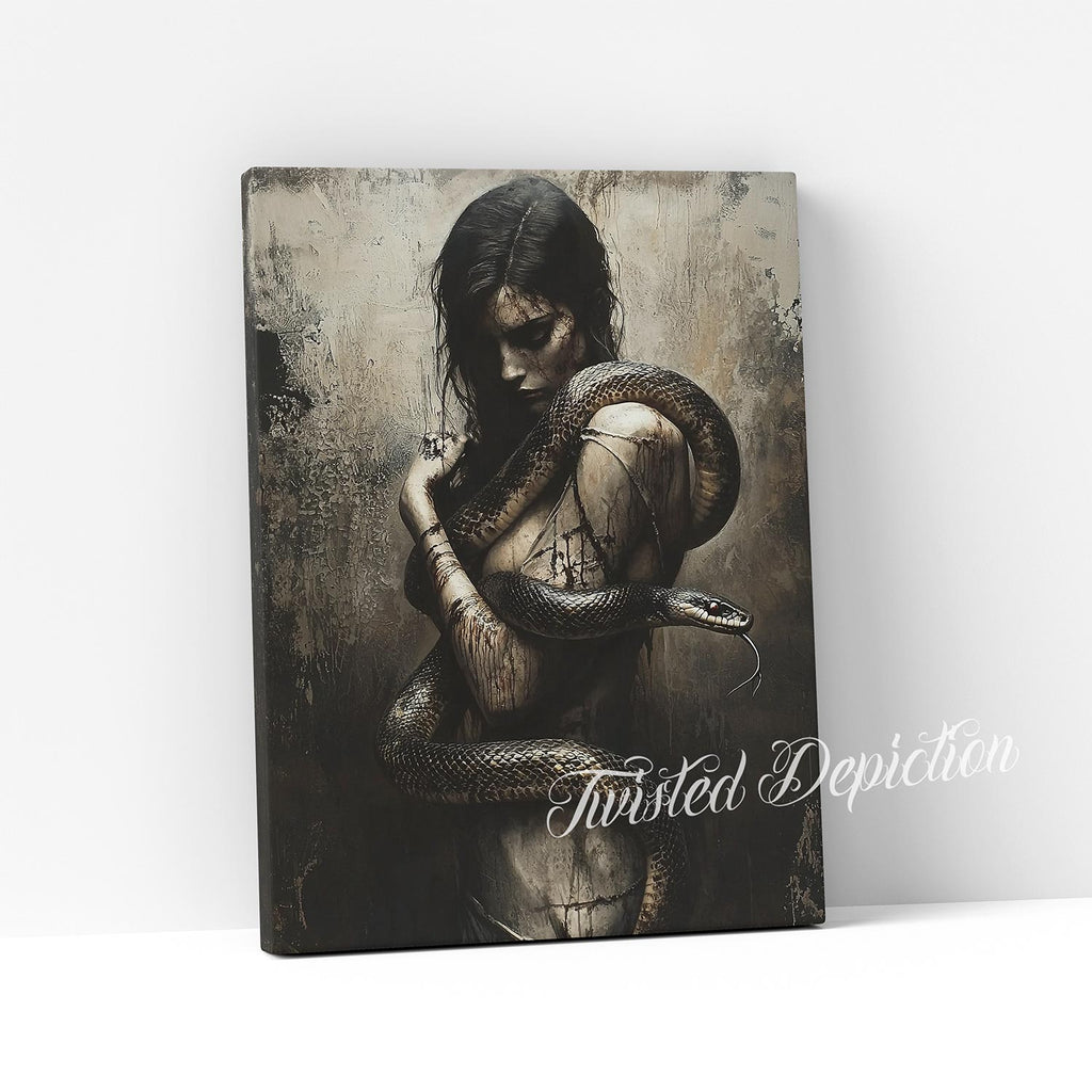 Canvas print with a woman holding a snake
