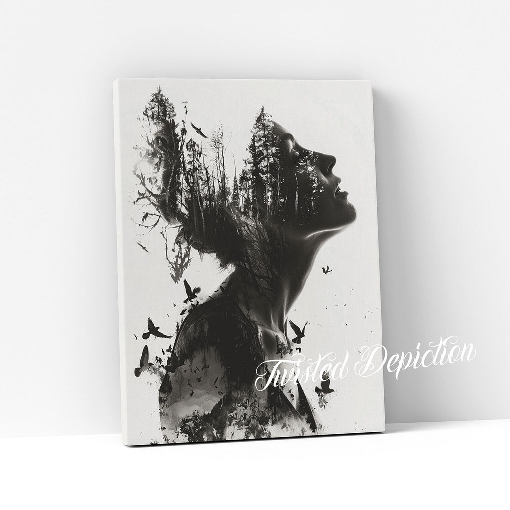 double exposure painting woman in trees