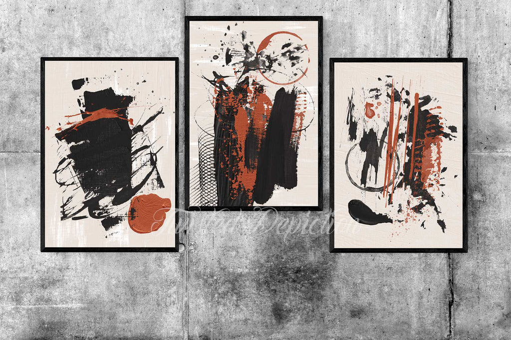 Oil paint, 3 piece abstract art in a black and red