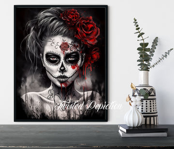 black and red day of dead girl art