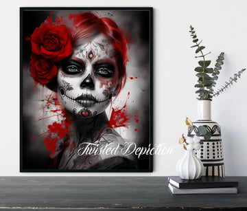 black white and red DOTD girl painting